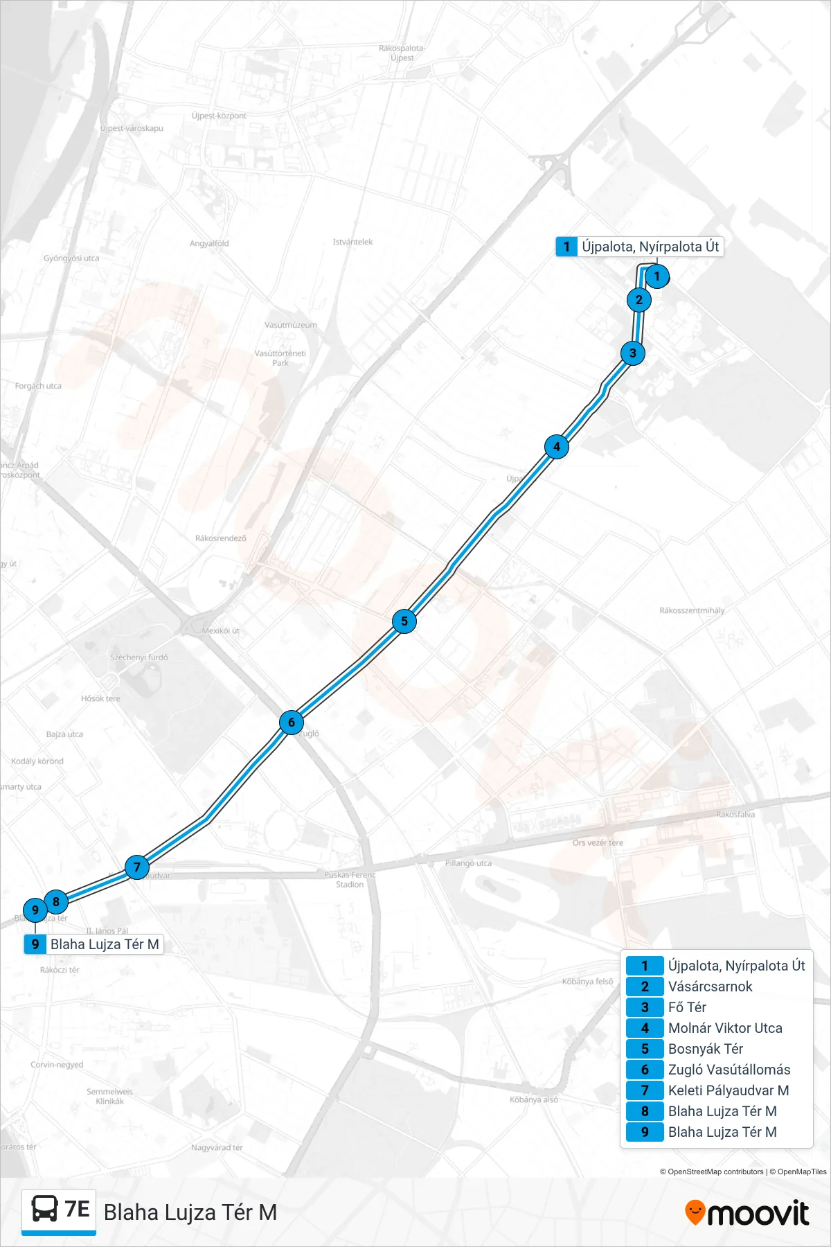 7E bus Line (Blaha Lujza Tér M) route and stops on a map