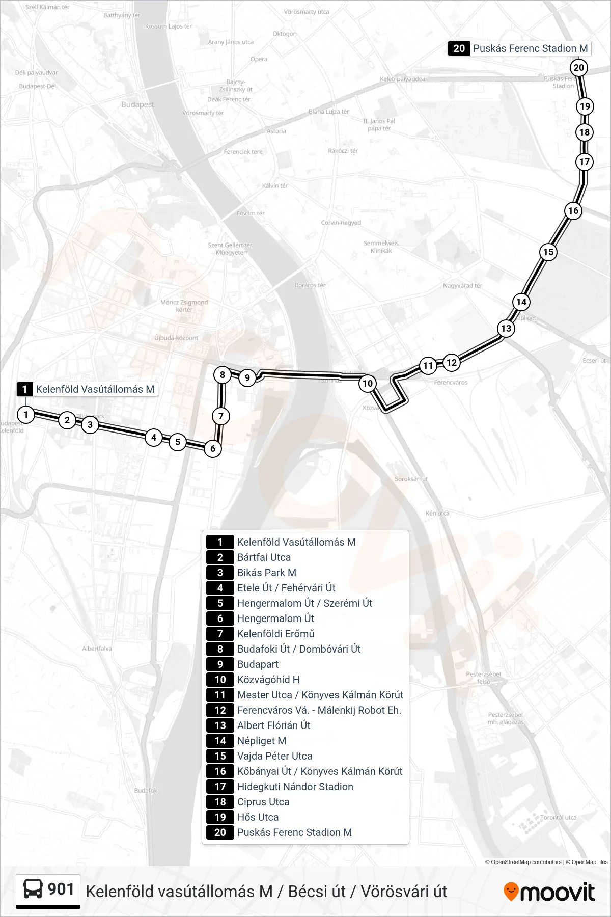 901 bus Line (Puskás Ferenc Stadion M) route and stops on a map