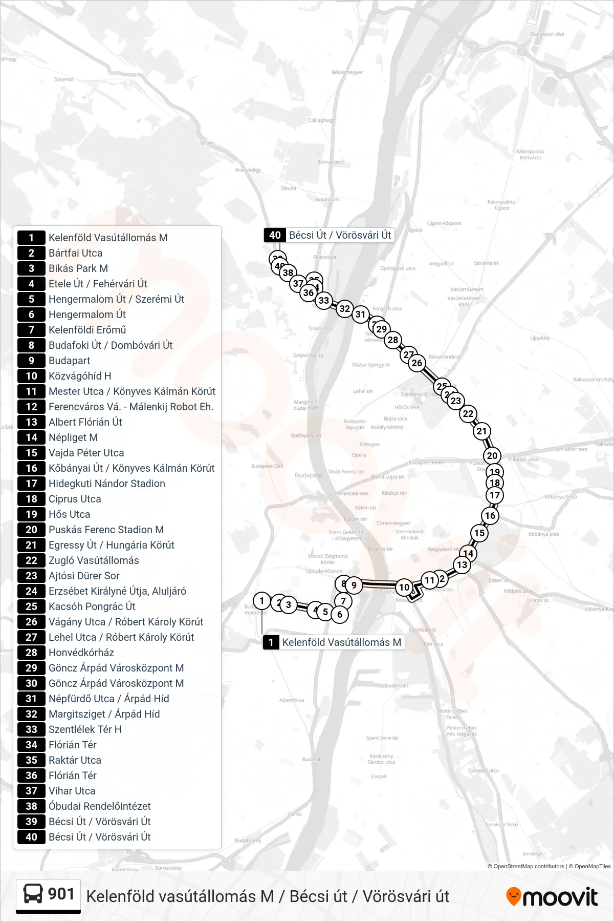 901 bus Line (Bécsi Út / Vörösvári Út) route and stops on a map