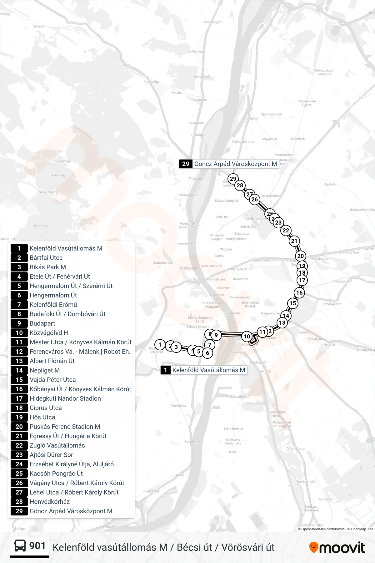 901 bus Line (Göncz Árpád Városkp. M) route and stops on a map