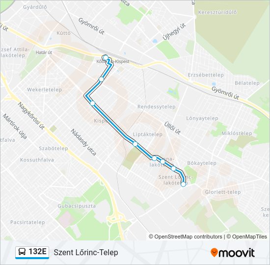 132E autóbusz Vonal Térkép