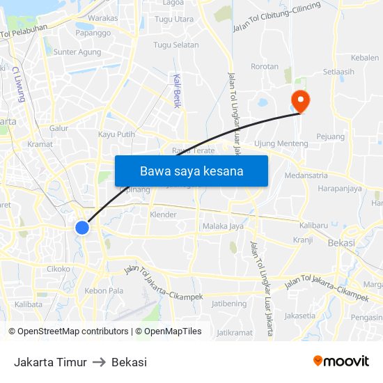 Jakarta Timur to Bekasi map