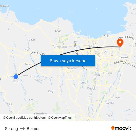 Serang to Bekasi map