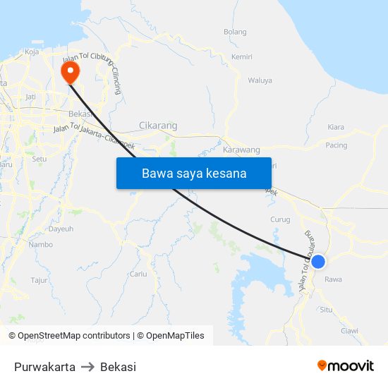 Purwakarta to Bekasi map