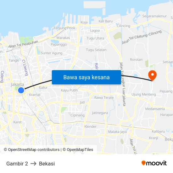 Gambir 2 to Bekasi map
