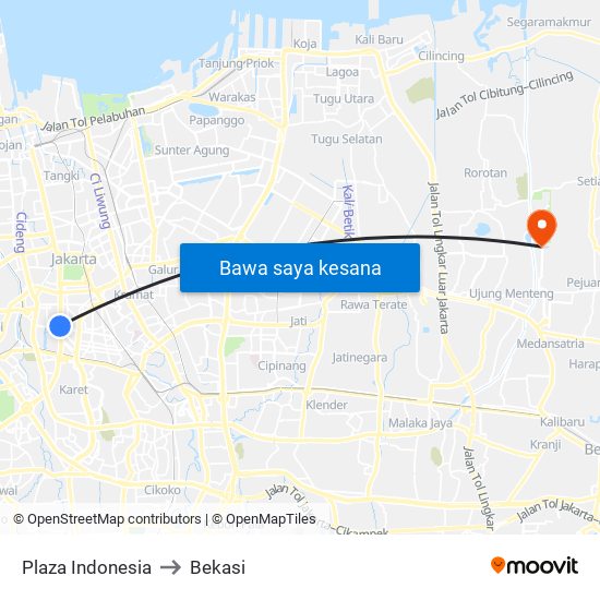 Plaza Indonesia to Bekasi map