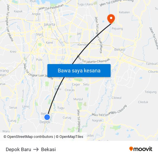 Depok Baru to Bekasi map