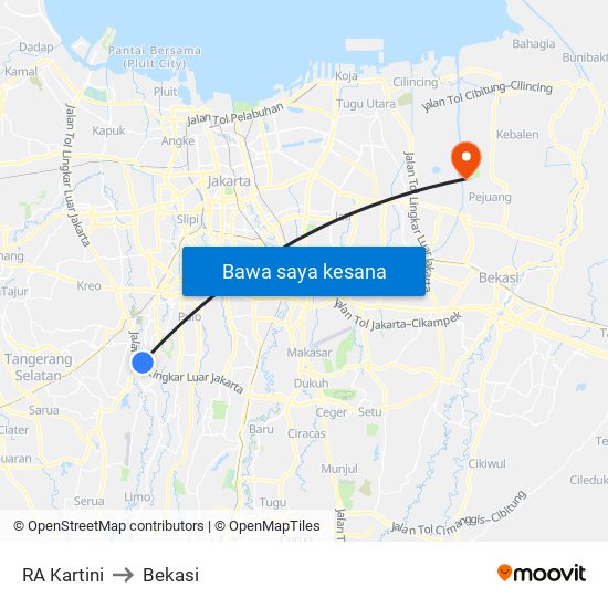 RA Kartini to Bekasi map