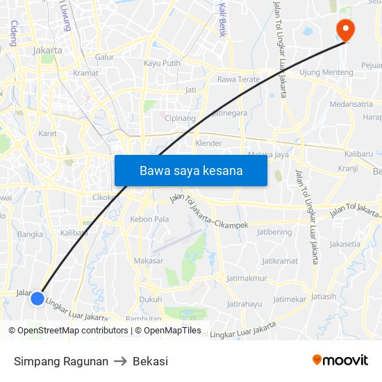 Simpang Ragunan to Bekasi map