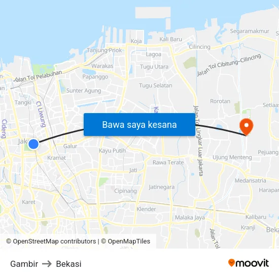 Gambir to Bekasi map