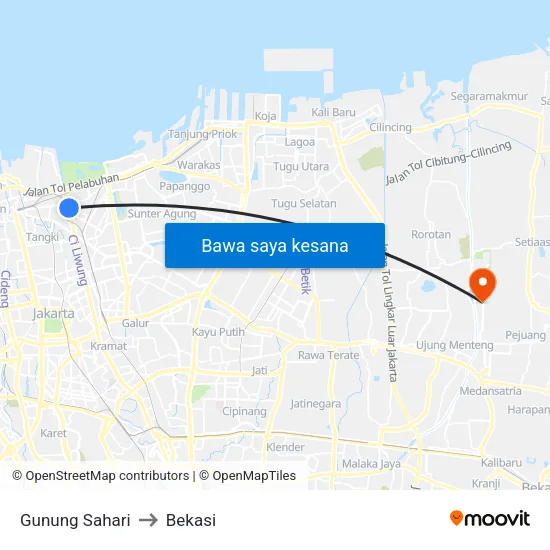 Gunung Sahari to Bekasi map