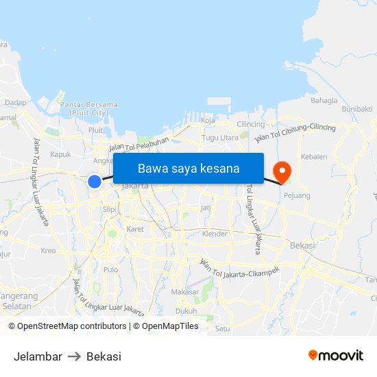 Jelambar to Bekasi map