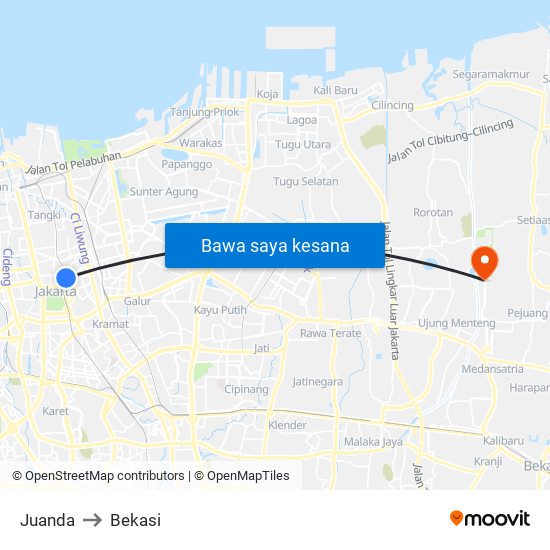 Juanda to Bekasi map