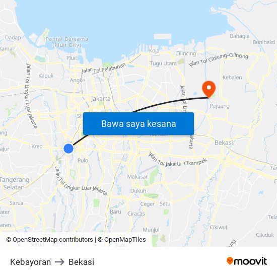 Kebayoran to Bekasi map