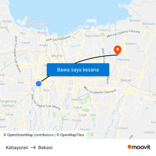 Kebayoran to Bekasi map