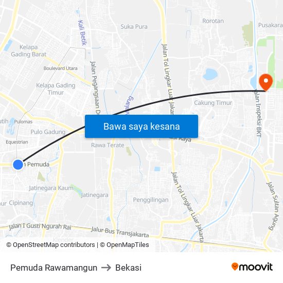 Pemuda Rawamangun to Bekasi map