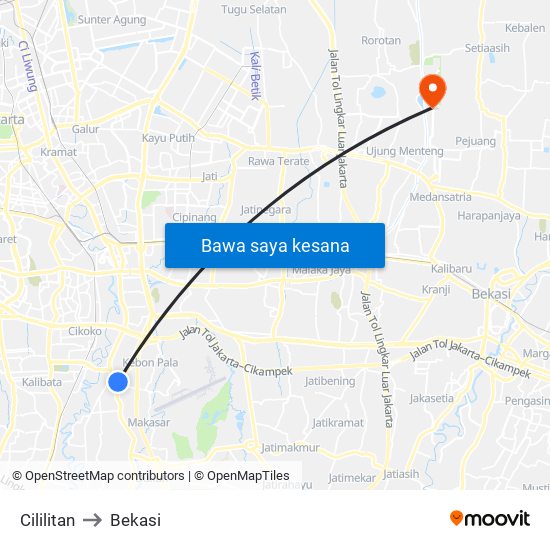 Cililitan to Bekasi map