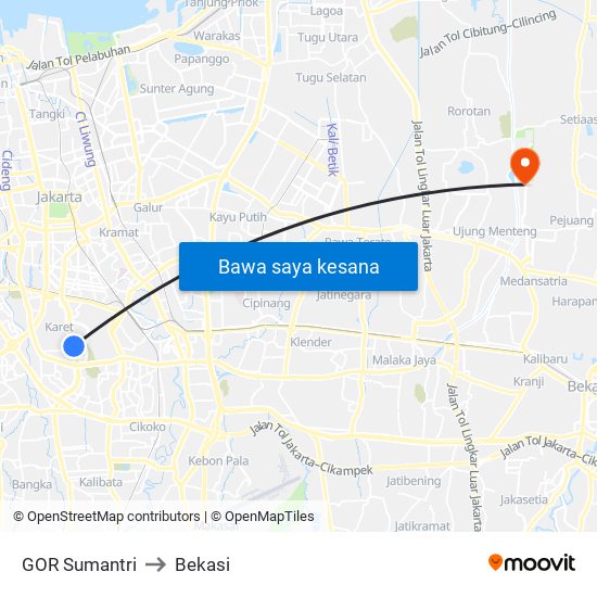 GOR Sumantri to Bekasi map