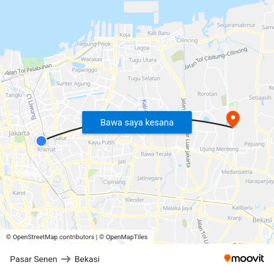Pasar Senen to Bekasi map
