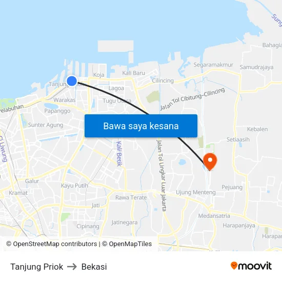 Tanjung Priok to Bekasi map