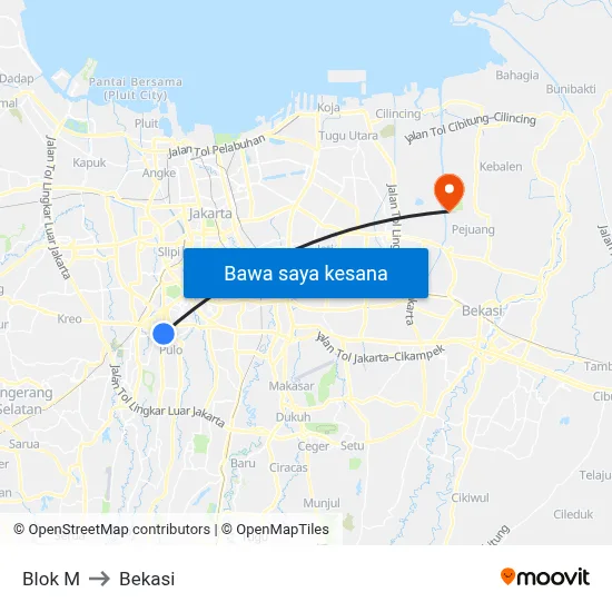 Blok M to Bekasi map