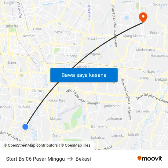 Start Bs 06 Pasar Minggu to Bekasi map