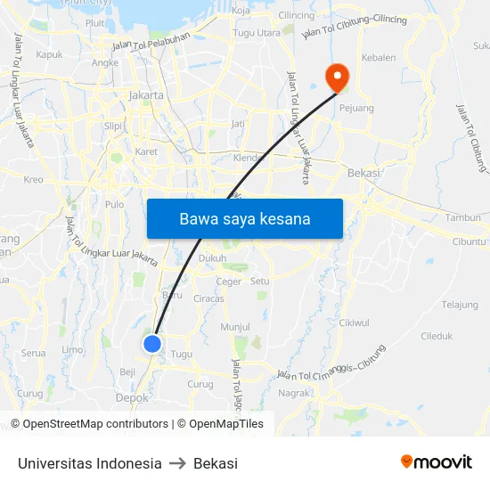 Universitas Indonesia to Bekasi map