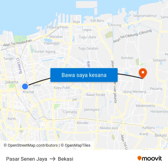 Pasar Senen Jaya to Bekasi map