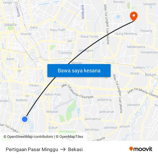 Pertigaan Pasar Minggu to Bekasi map