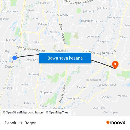 Depok to Bogor map