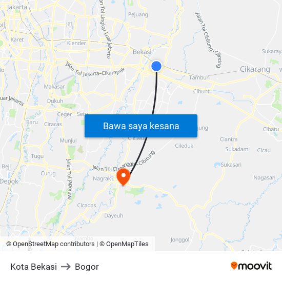 Kota Bekasi to Bogor map