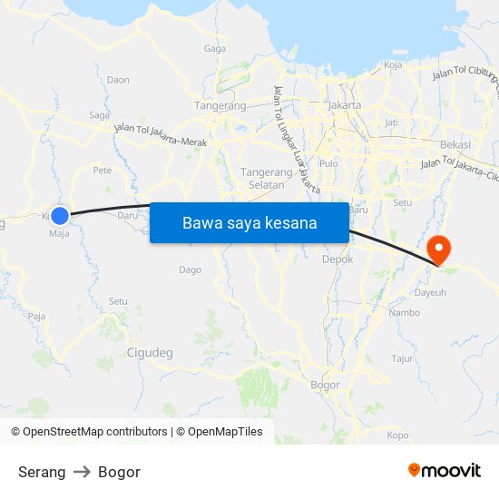 Serang to Bogor map