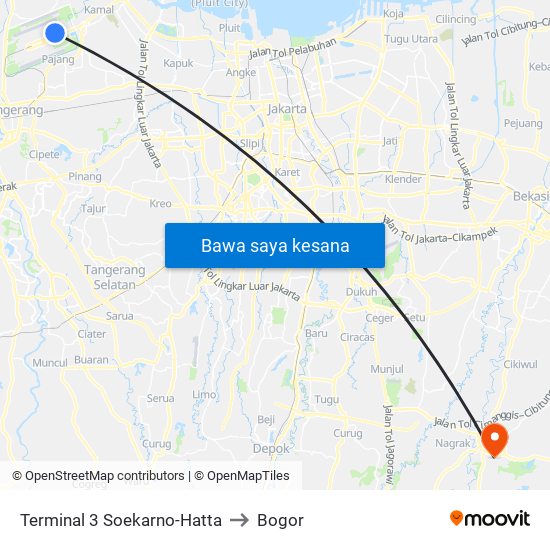 Terminal 3 Soekarno-Hatta to Bogor map