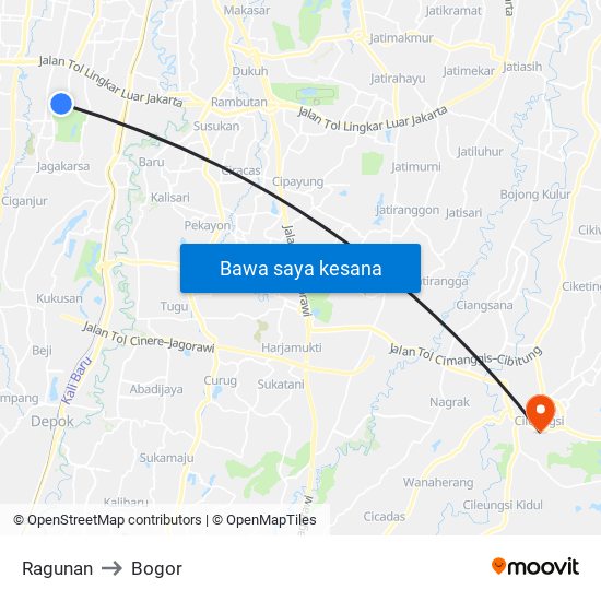 Ragunan to Bogor map