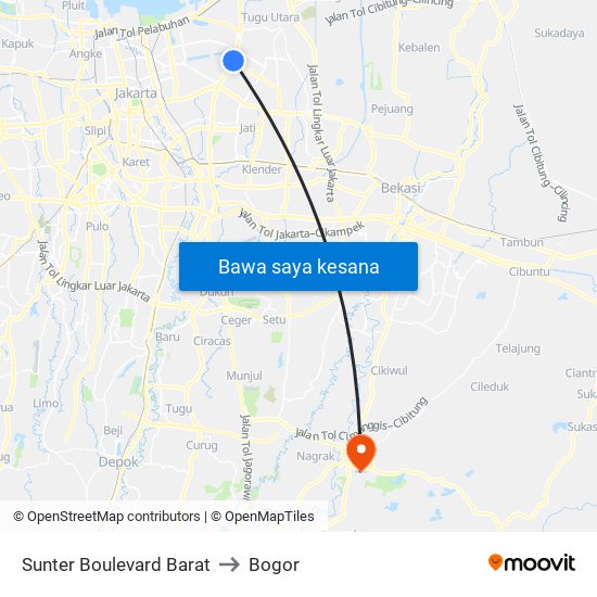 Sunter Boulevard Barat to Bogor map