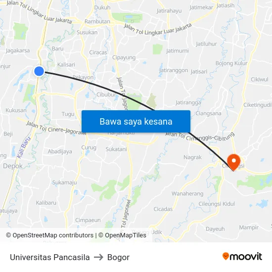 Universitas Pancasila to Bogor map