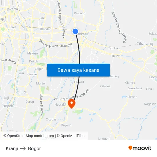 Kranji to Bogor map
