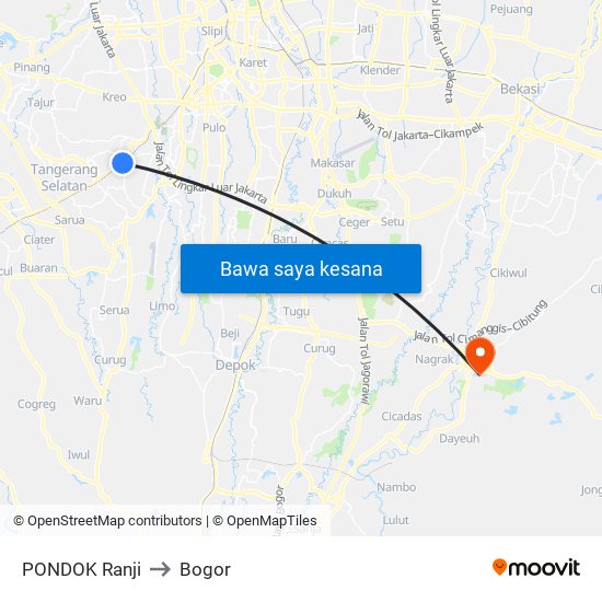 PONDOK Ranji to Bogor map