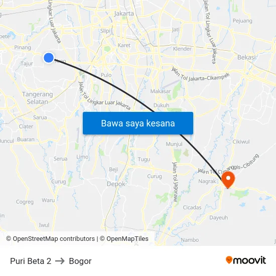 Puri Beta 2 to Bogor map