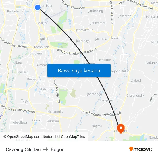 Cawang Cililitan to Bogor map