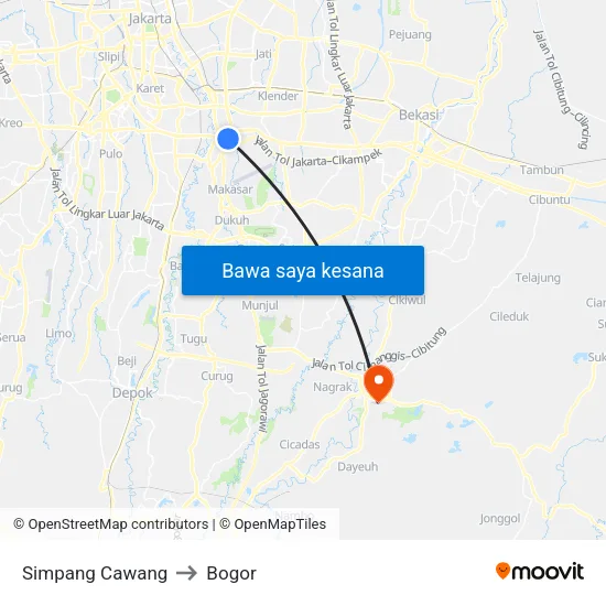 Simpang Cawang to Bogor map
