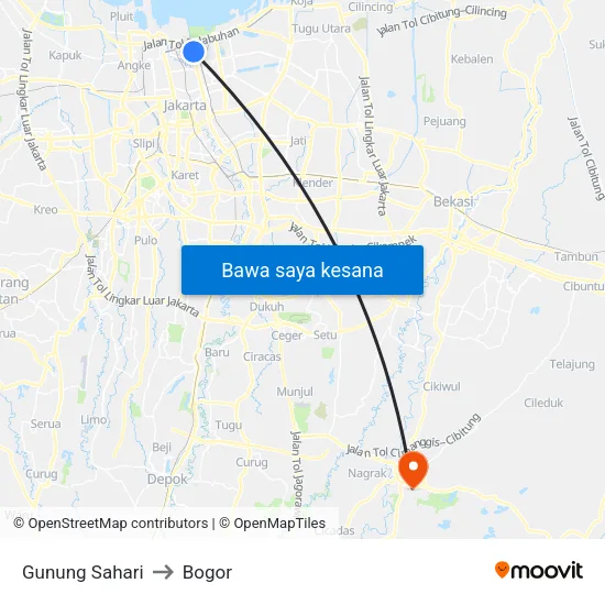 Gunung Sahari to Bogor map