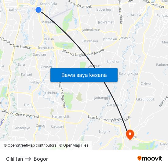 Cililitan to Bogor map