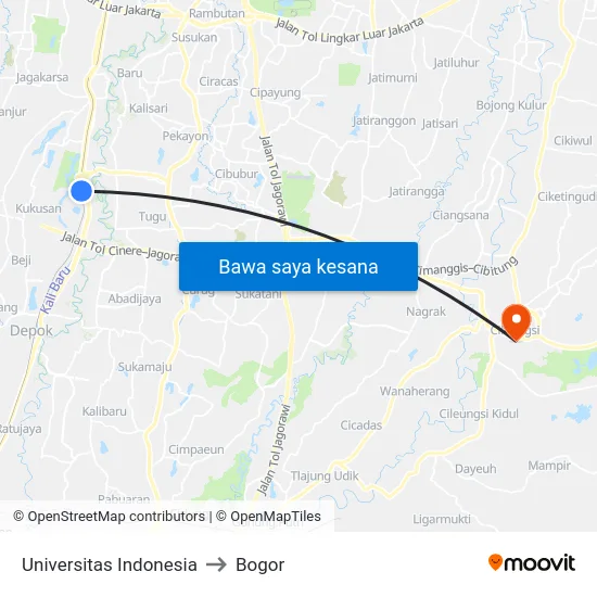 Universitas Indonesia to Bogor map