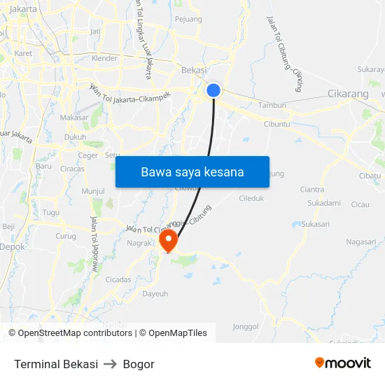 Terminal Bekasi to Bogor map
