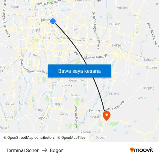 Terminal Senen to Bogor map