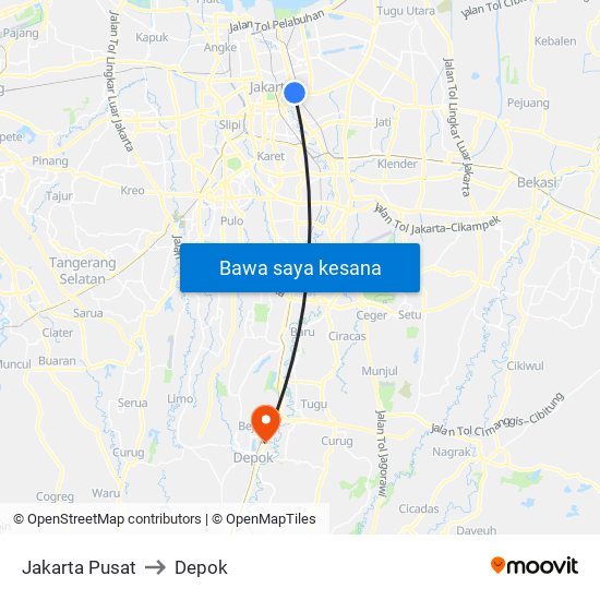 Jakarta Pusat to Depok map