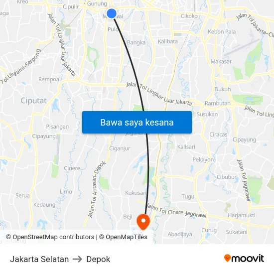Jakarta Selatan to Depok map