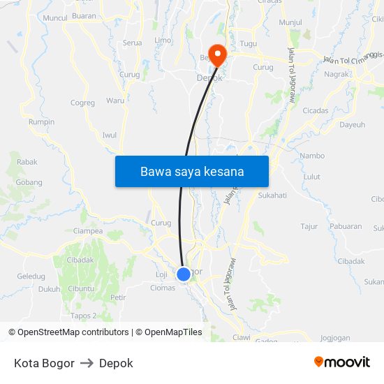 Kota Bogor to Depok map