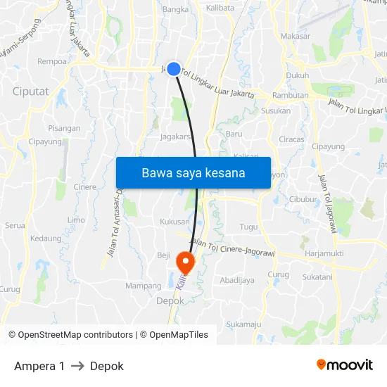 Ampera 1 to Depok map